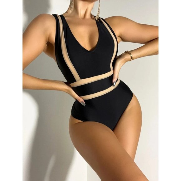 SHEIN Contrast Tape One Piece Swimsuit S - Picture 1 of 6